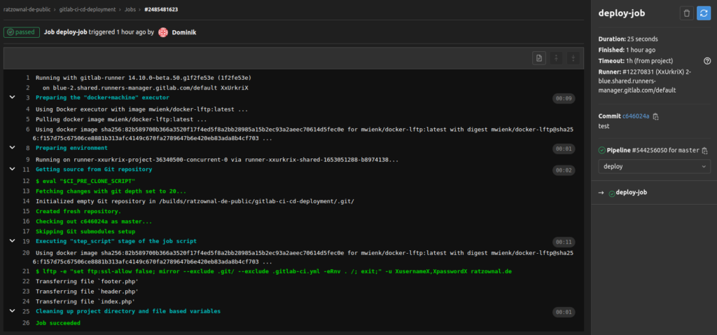 Detaillierter Gitlab Job mit Status "passed"